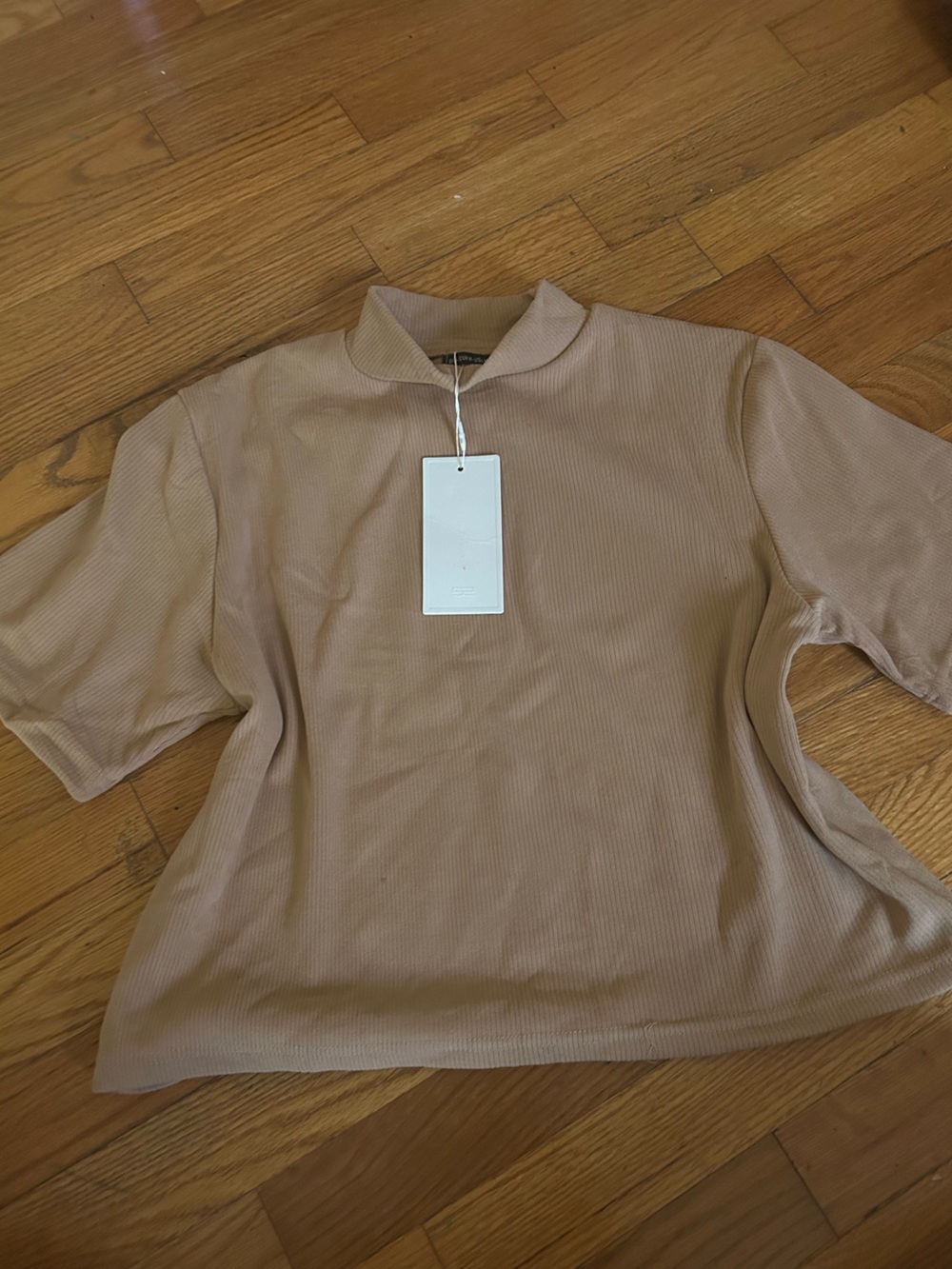 Women's Short Sleeve Ribbed Sweater Top - Taupe